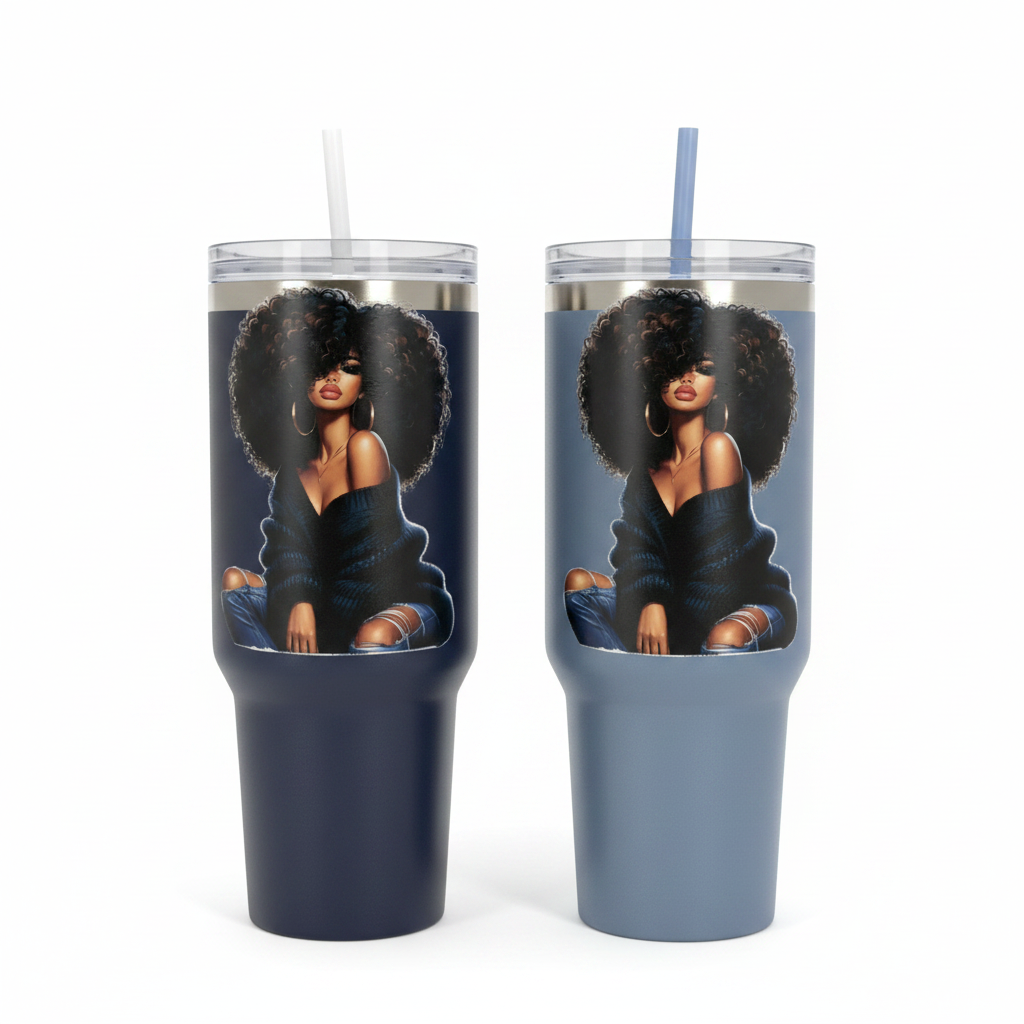 Navy and slate blue tumblers with African American woman artwork