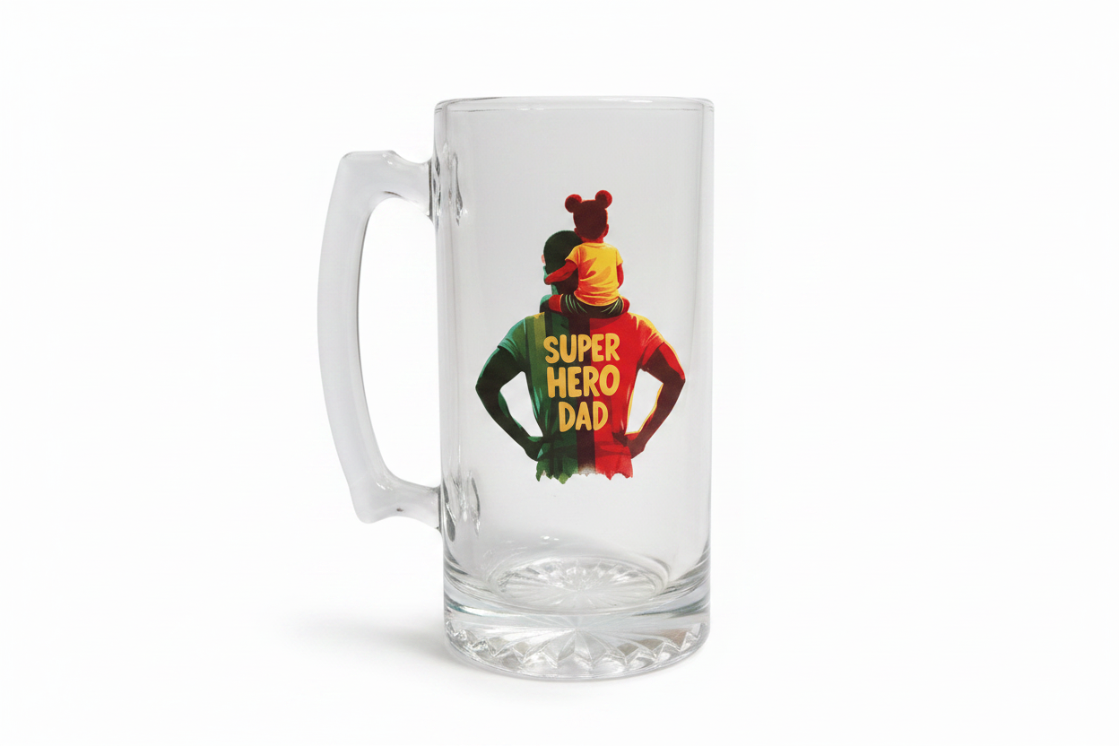 Father's Day Glass Mug with Super Hero Dad DTF print on white background
