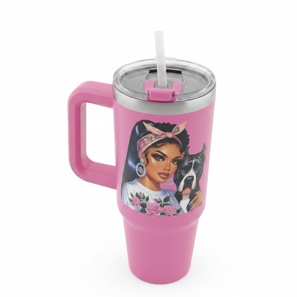 Pink tumbler with African American woman artwork