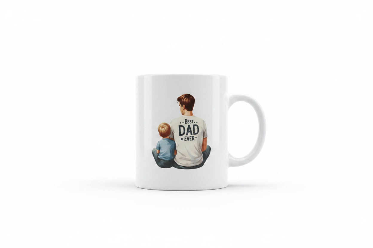 Father's Day Ceramic Cup with Best Dad Ever dad and son DTF print on white background