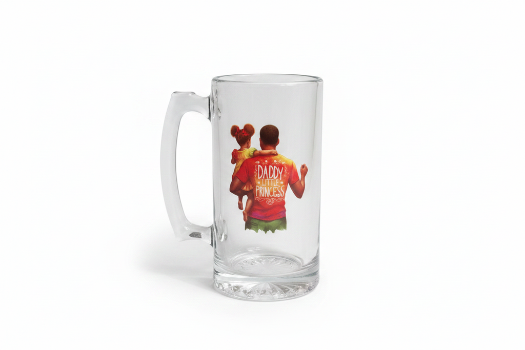 Father's Day Glass Mug with Daddy's Little Princess DTF print on white background