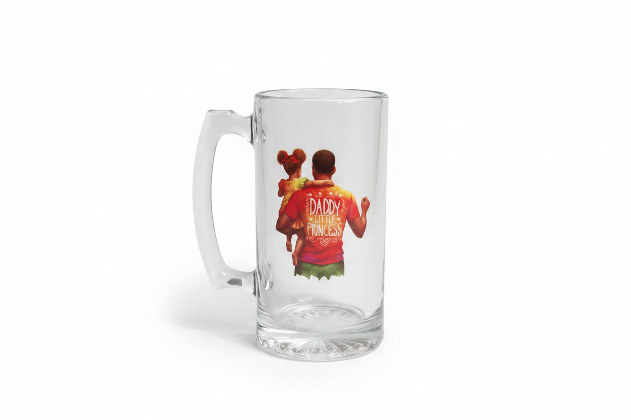 Father's Day Glass Mug with Daddy's Little Princess DTF print on white background