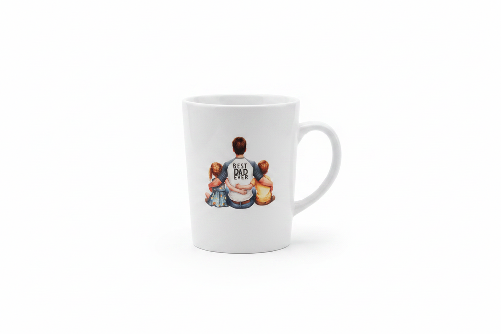 Father's Day Ceramic Cup with Best Dad Ever dad and two daughters DTF print on white background