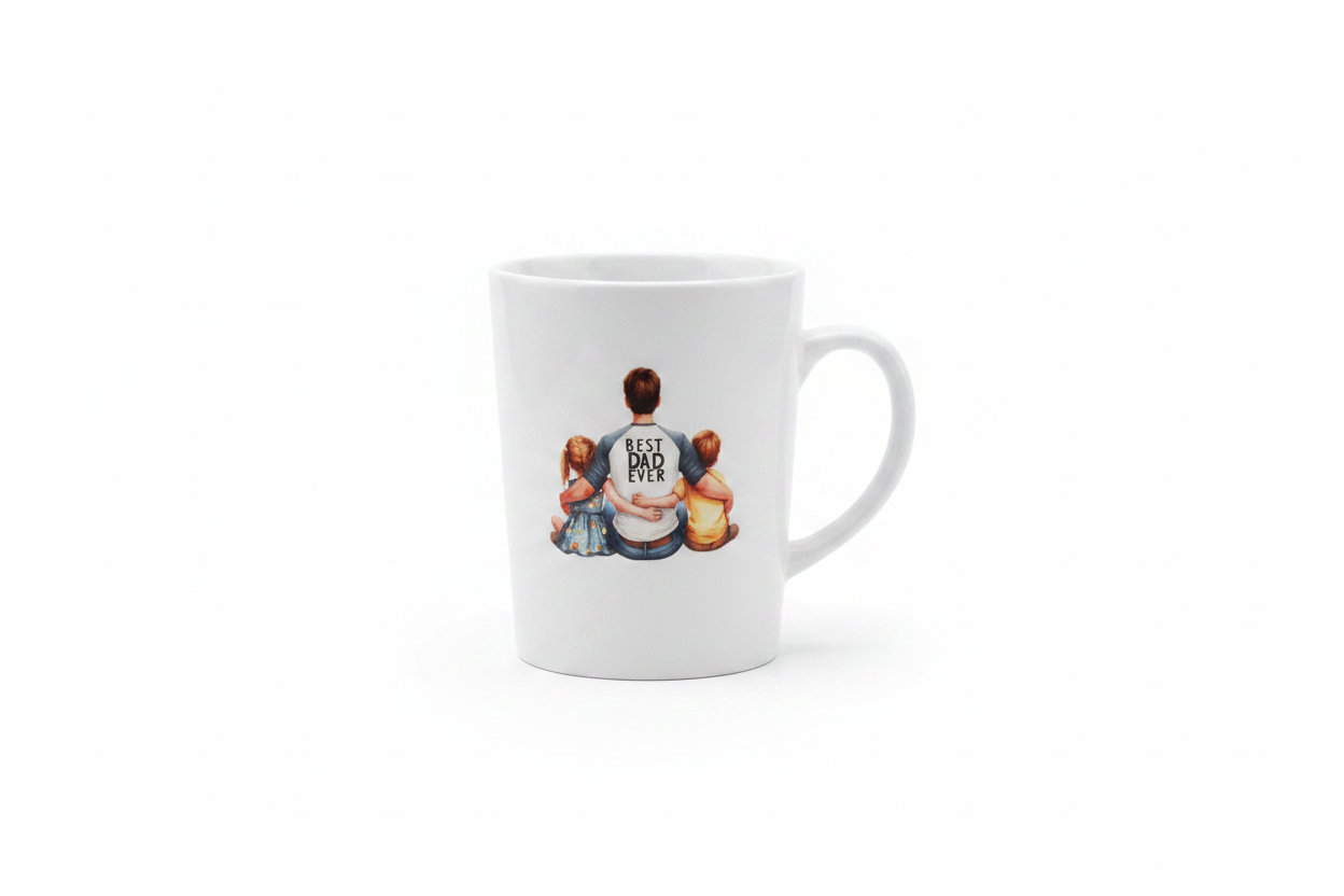 Father's Day Ceramic Cup with Best Dad Ever dad and two daughters DTF print on white background