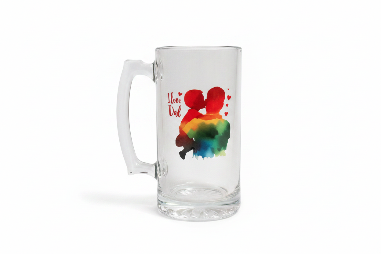 Father's Day Glass Mug with I Love My Dad heart DTF print on white background