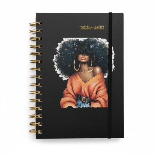 Black and gold spiral 2026-2027 planner with Black woman with curly afro on white background