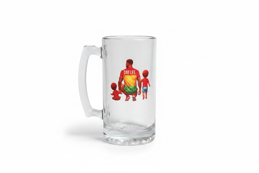 Father's Day Glass Mug with Dad Life DTF print on white background