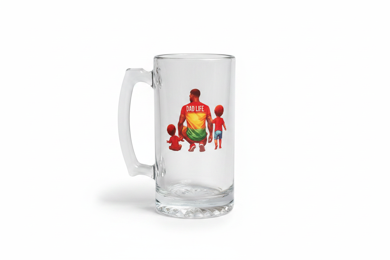 Father's Day Glass Mug with Dad Life DTF print on white background