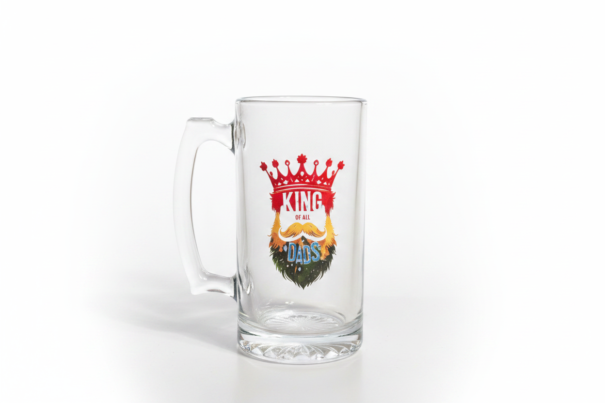Father's Day Glass Mug with King of All Dads DTF print on white background