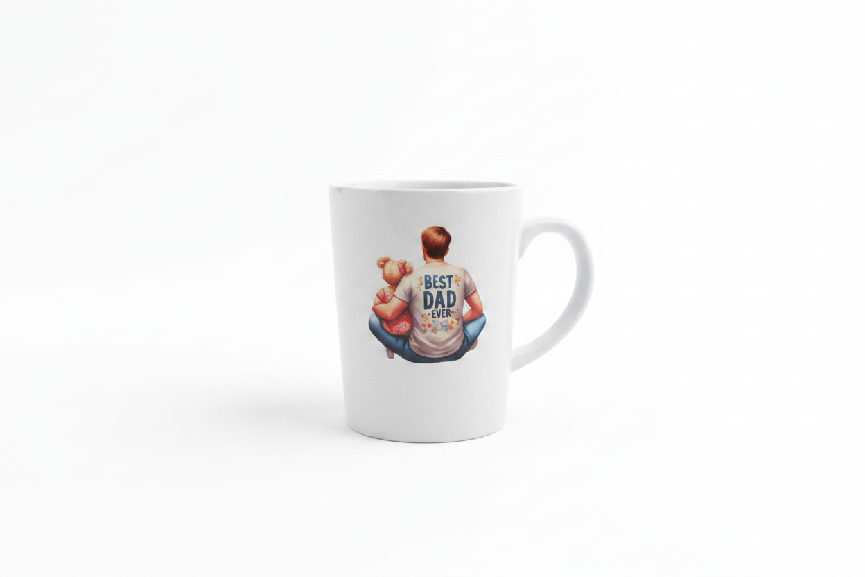 Father's Day Ceramic Cup with Best Dad Ever DTF print on white background