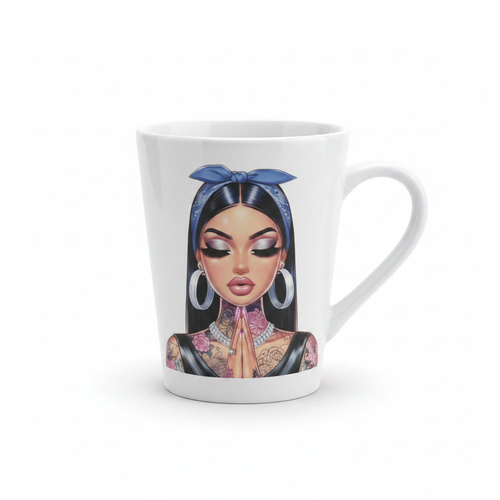 Tall white mug with Bratz-style praying girl on white background