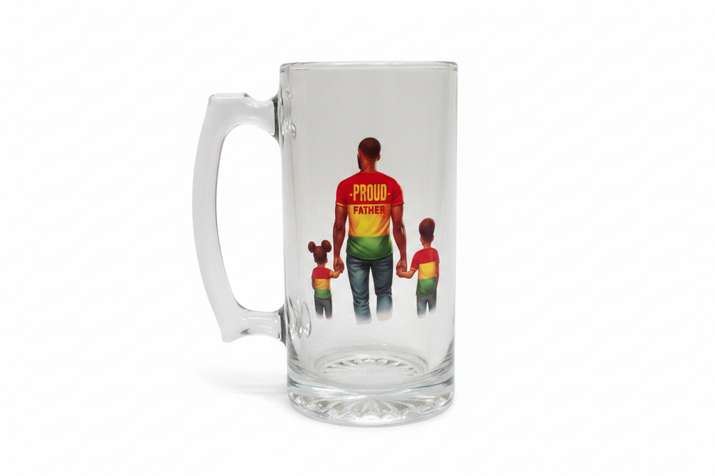 Father's Day Glass Mug with Proud Father DTF print on white background