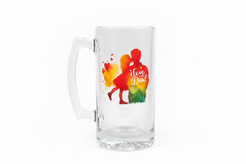 Father's Day Glass Mug with I Love My Dad DTF print on white background