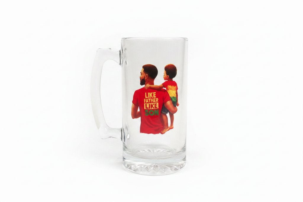 Father's Day Glass Mug with Like Father Like Son DTF print on white background